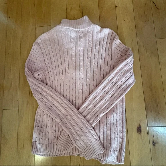 Lauren Ralph Lauren Pink Cable Knit Full Zip Sweater Silver Crest Logo Sz M - Picture 9 of 11